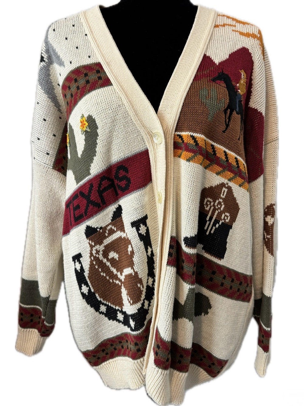 Vintage Sweater Loft Texas Western Cardigan 2XL 100% Cotton USA Cowboy Horse